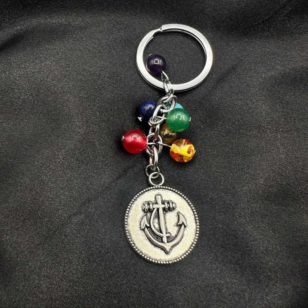 Vintage 80s 7 Chakra Healing Stone Keychain Yoga Reiki Anchor Charm Gift Jewelry